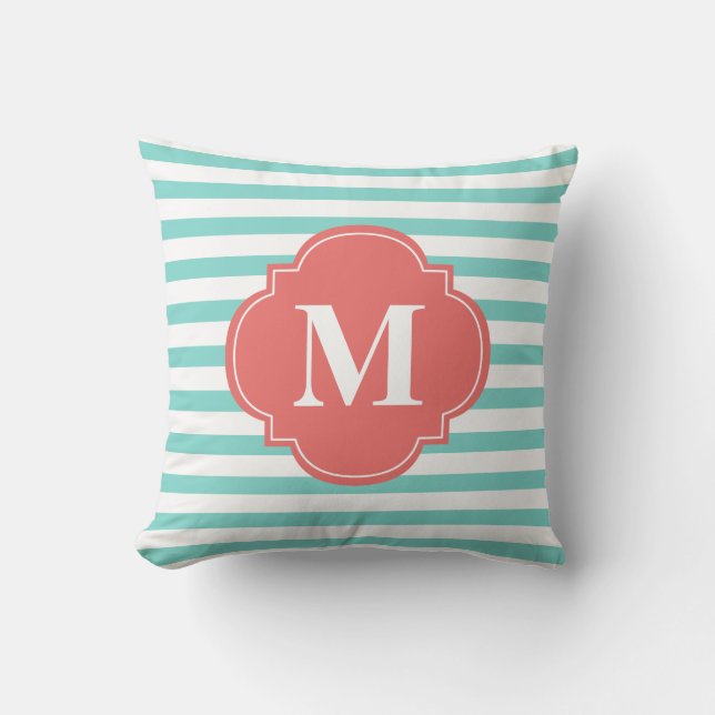 Mint and Coral Stripes Monogram Cushion (Front)