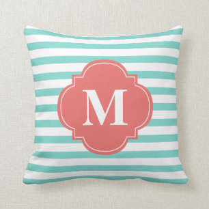 Mint and Coral Stripes Monogram Cushion
