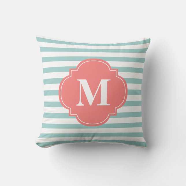 Mint and Coral Stripes Monogram Cushion (Front)
