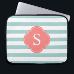 Mint and Coral Stripes Monogram Laptop Sleeve<br><div class="desc">Modern and chic horizontal stripes and quatrefoil monogram design.</div>