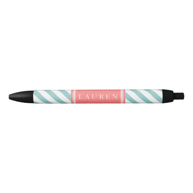Mint and Coral Stripes Pattern Black Ink Pen (Front)