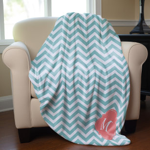 Mint and Coral Zigzag Pattern Monogram Fleece Blanket
