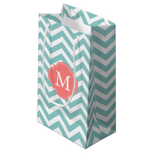 Mint and Coral Zigzag Pattern Monogram Small Gift Bag (Front Angled)
