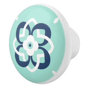 Mint and Dark Blue Interwoven Flower Pattern Ceramic Knob