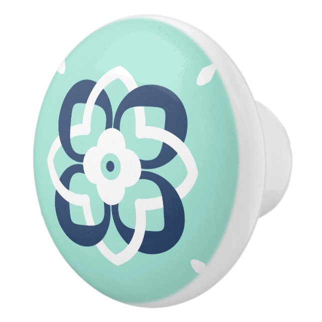 Mint and Dark Blue Interwoven Flower Pattern Ceramic Knob (Right)