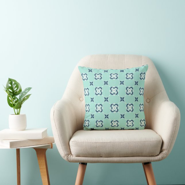Mint and Dark Blue Interwoven Flower Pattern Cushion (Chair)
