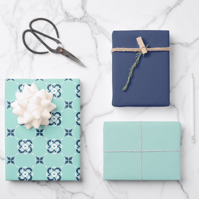 Mint and Dark Blue Interwoven Flower Pattern Wrapping Paper Sheet (Front)