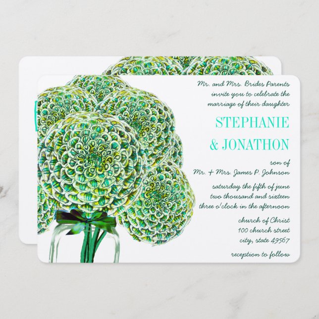 Mint and Emerald Zinnia Mason Jar Wedding Invites (Front/Back)