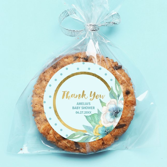 Mint and Faux Gold Floral Baby Shower Thank You Classic Round Sticker (Creator Uploaded)