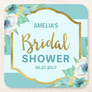 Mint and Faux Gold Floral Bridal Shower Square Paper Coaster