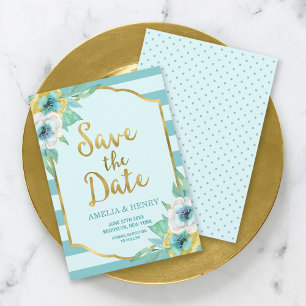 Mint and Faux Gold Floral Save the Date Card