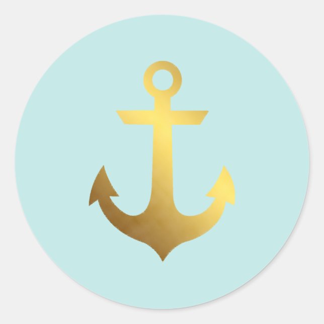 Mint and Faux Gold Foil Anchor Classic Round Sticker (Front)