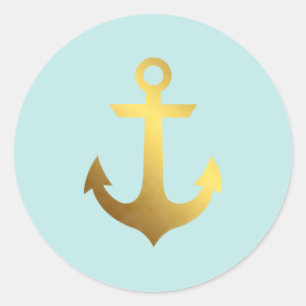 Mint and Faux Gold Foil Anchor Classic Round Sticker