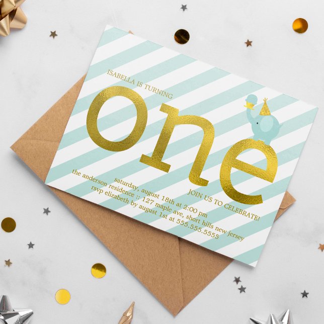 Mint and Faux Gold Foil Elephant Birthday Party Invitation (Creator Uploaded)
