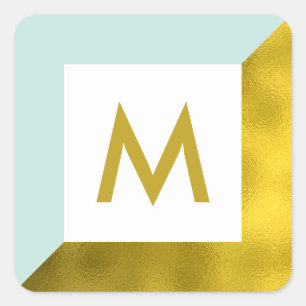 Mint and Faux Gold Foil Monogram Square Sticker