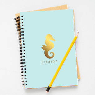 Mint and Faux Gold Foil Seahorse Personalised Notebook