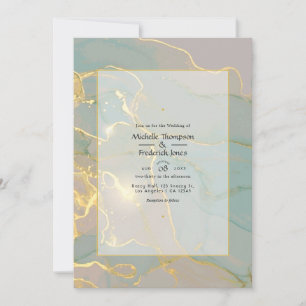 Mint and Gold Alcohol Ink Marble Wedding Invitation