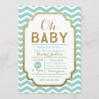Mint And Gold Baby Shower Invitation Chevron