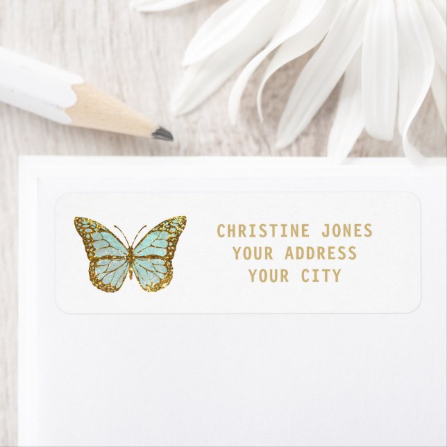 mint and gold butterfly return address label (Insitu)