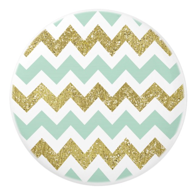 Mint and Gold Chevron Faux Glitter Stripes Ceramic Knob (Front)