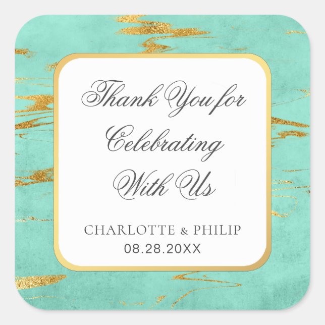 Mint and Gold Faux Foil Thank You Favour Square Sticker (Front)