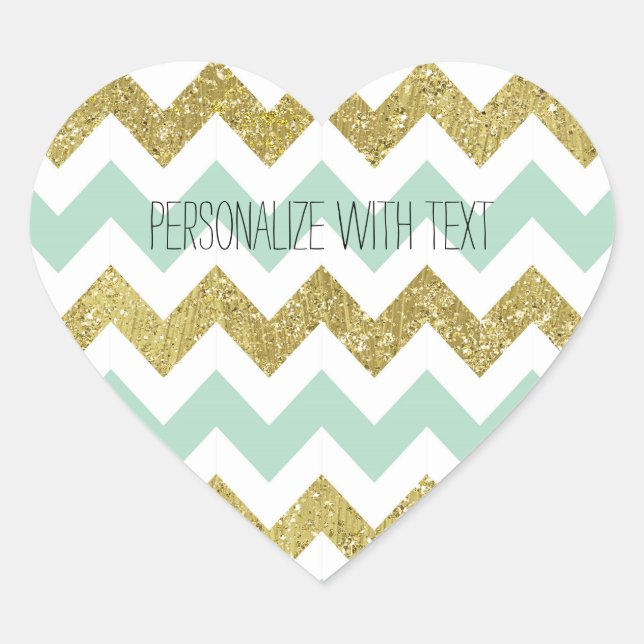 Mint and Gold Faux Glitter Chevron Heart Sticker (Front)
