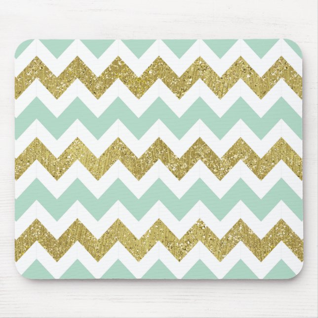 Mint and Gold Faux Glitter Chevron Mouse Pad (Front)
