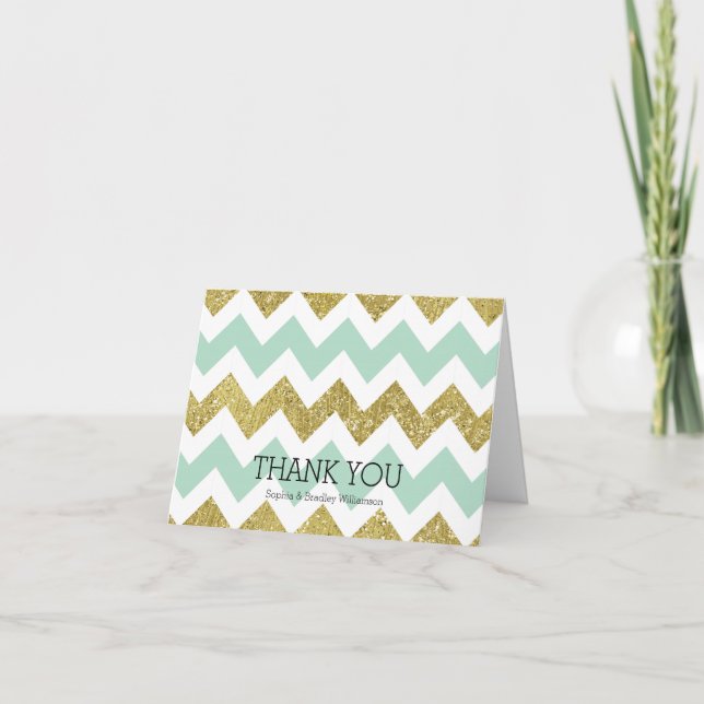 Mint and Gold Faux Glitter Chevron Thank you (Front)