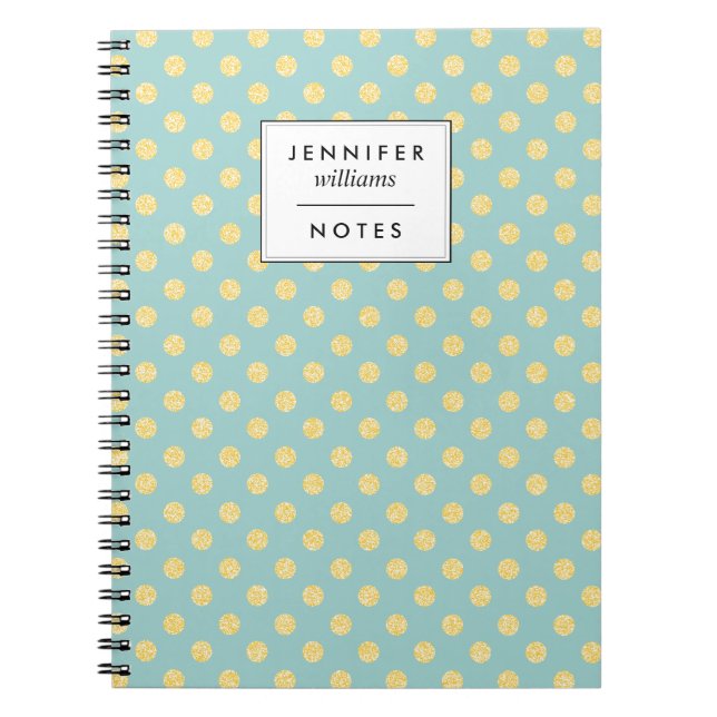 Mint and Gold Faux Glitter Dots Personalised Notebook (Front)