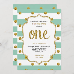 Mint and Gold First Birthday Glitter Invitation