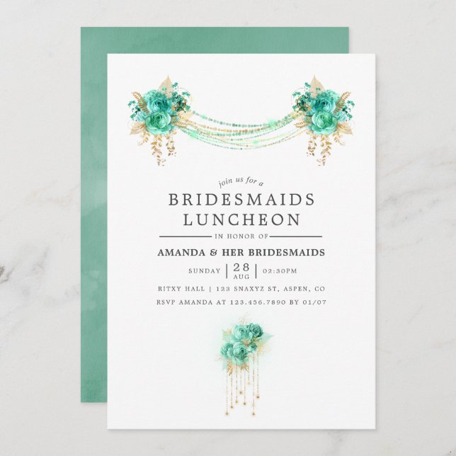 Mint and Gold Floral Lights Bridesmaids Luncheon Invitation (Front/Back)