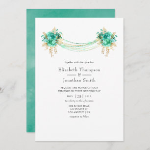 Mint and Gold Floral Lights Wedding Invitation