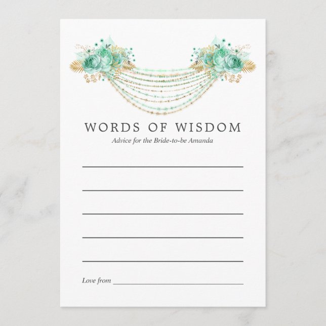 Mint and Gold Floral String Lights Bridal Advice Card (Front)