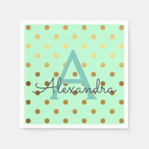 Mint and Gold Foil Polka Dots Monogram Birthday Napkin