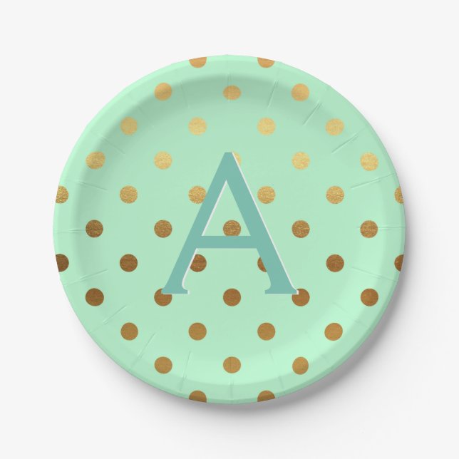 Mint and Gold Foil Polka Dots Monogram Birthday Paper Plate (Front)