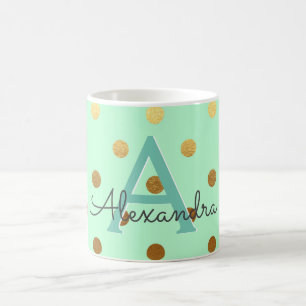 Mint and Gold Foil Polka Dots Monogram Name Coffee Mug