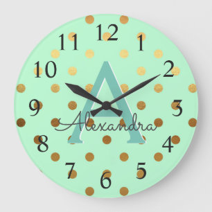 Mint and Gold Foil Polka Dots Monogram Name Large Clock