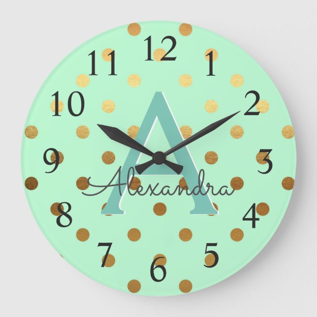 Mint and Gold Foil Polka Dots Monogram Name Large Clock (Front)