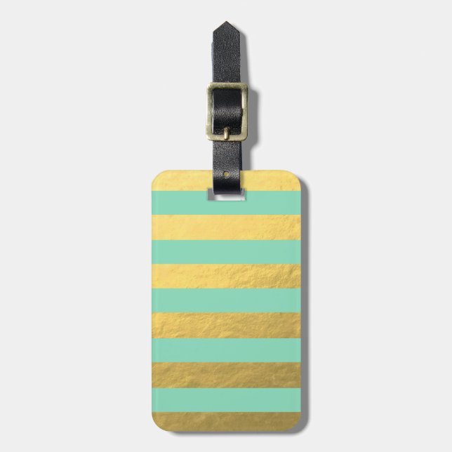 Mint and Gold Foil Stripes Printed Luggage Tag (Front Vertical)