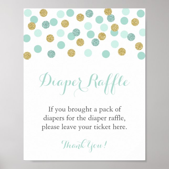 Mint and Gold Glitter Diaper Raffle Display Sign (Front)