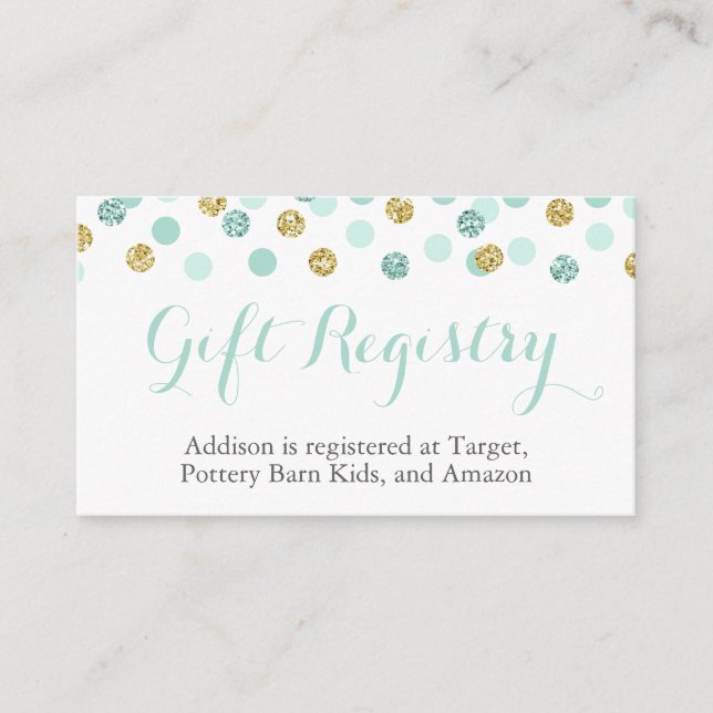 Mint and Gold Glitter Gift Registry Insert Cards (Front)