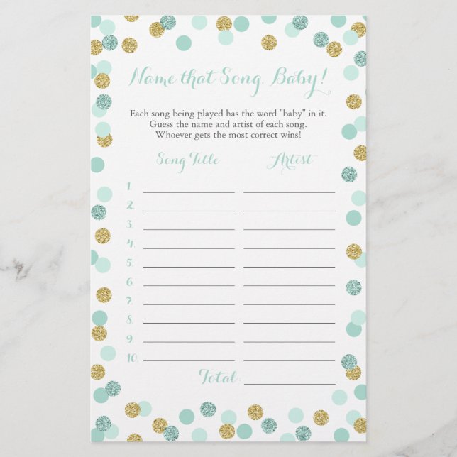 Mint and Gold Guess the Baby Song Baby Shower Game (Front)