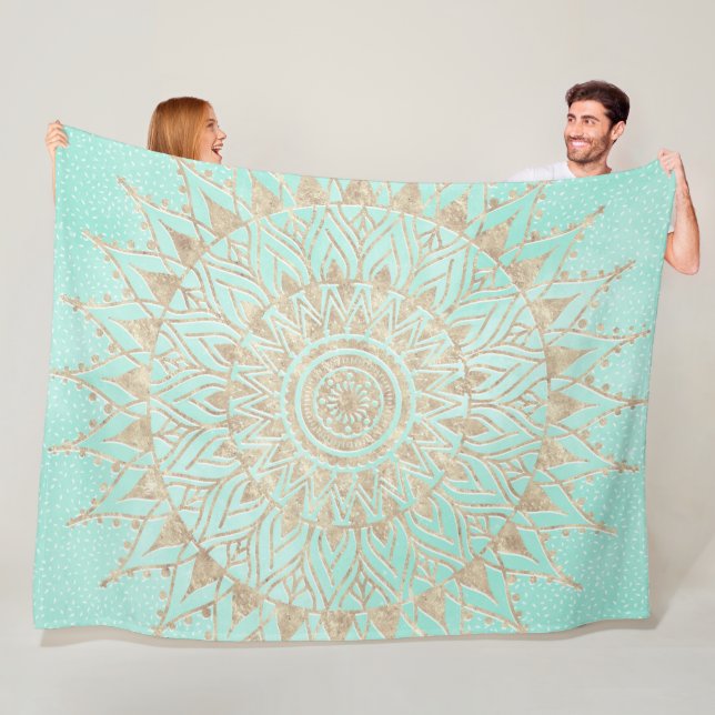 Mint and gold mandala fleece blanket (In Situ)