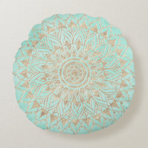 Mint and gold mandala round cushion