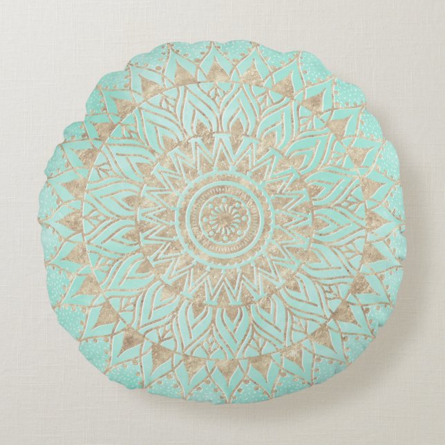 Mint and gold mandala round cushion (Front)