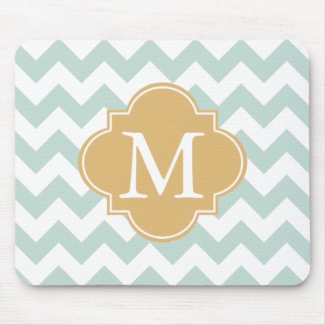Mint and Gold Modern Chevron Custom Monogram Mouse Pad (Front)