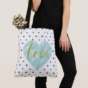 Mint and Gold Watercolor "Love" Tote Bag