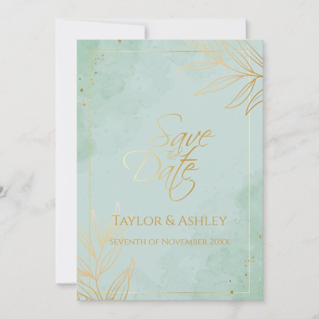 Mint and Gold Wedding Save The Date (Front)