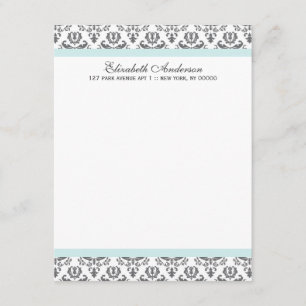 Mint and Grey Damask Flat Thank You Notes Invitation