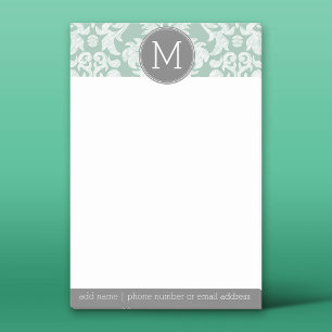 Mint and Grey Damask Pattern Custom Monogram Post-it Notes